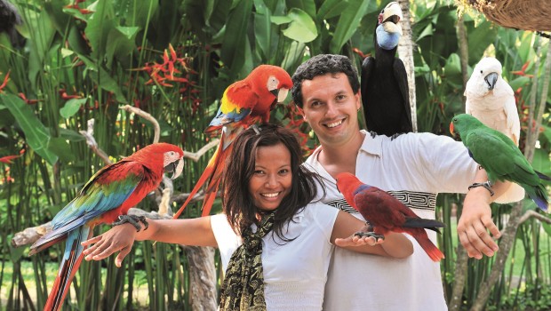 Ein Paar zeigt sich mit exotischen Vögeln.